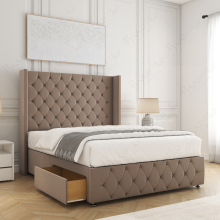 (Mink (with Mattress), 4ft Small Double) Ruby Divan Double Bed Frame with Mattress Included Plush 54inch Wingback Chesterfield Headboard 2 Storage Drawers Footend Side