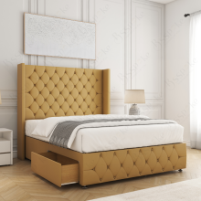 (Mustard (with Mattress), 4ft Small Double) Ruby Divan Double Bed Frame with Mattress Included Plush 54inch Wingback Chesterfield Headboard 2 Storage Drawers Footend Side