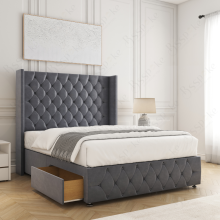 (Steel (without Mattress), 4ft Small Double) Ruby Divan Double Bed Frame with Mattress Included Plush 54inch Wingback Chesterfield Headboard 2 Storage Drawers Footend Side