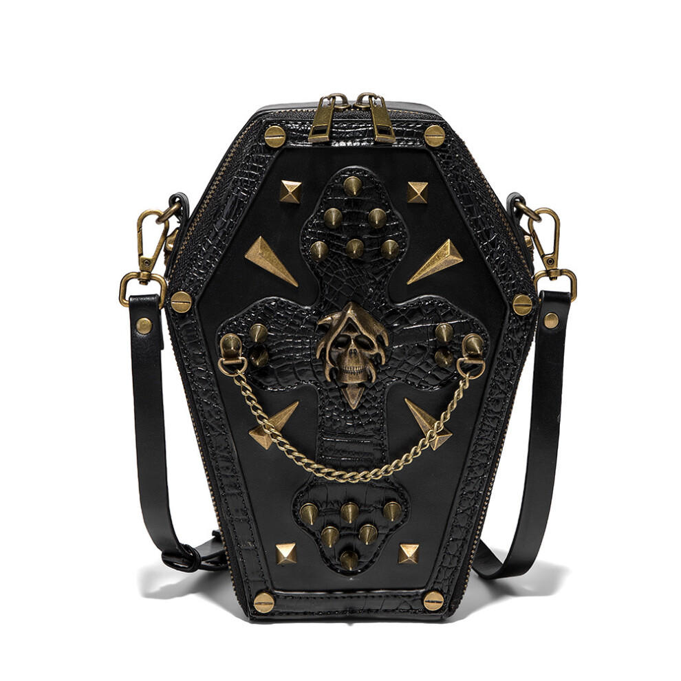 Gothic Coffin Crossbody Bag with Skull – Punk Rock Motorcycle Chain Shoulder Purse for Women