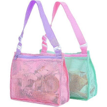 (As show, One size) 2PC Mesh Beach Bag for Kids - Shell Collection Bag Sand Beach Tote Bag for Outdoor Pool Toys Travel Towels Storage Bags