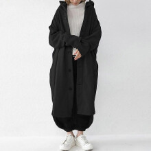 (S, black) Autumn and winter women s windbreaker hooded mid-length coat