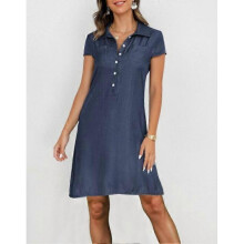 (M, Short - Dark Blue) Ladies Shirt Collar Casual Denim Dress