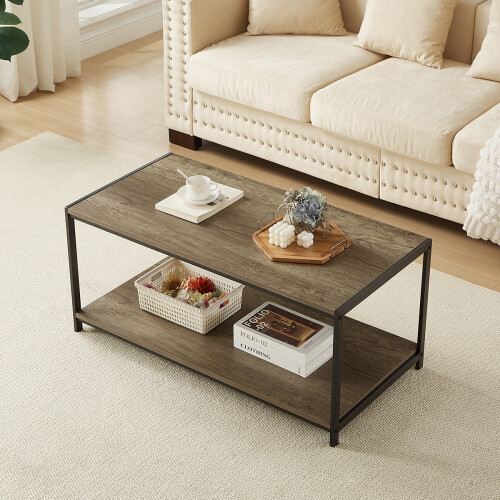 House of Home Rustic Coffee Table Grey with Metal Frame for Home Decor 100X50X 45cm
