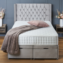 (Double-4ft6 (With Mattress), Silver Plush) DOUBLE DIVAN OTTOMAN BED END LIFT UP STORAGE BED CHESTERFIELD 54"HEADBOARD+MATTRESS