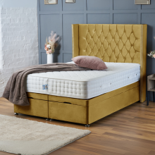 (King-5ft (With Mattress), Mustard Plush) DOUBLE DIVAN OTTOMAN BED END LIFT UP STORAGE BED CHESTERFIELD 54"HEADBOARD+MATTRESS