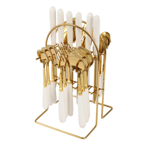 (Gold+White) 24-Piece Cutlery Set Stainless Steel Cutlery Set with Stand
