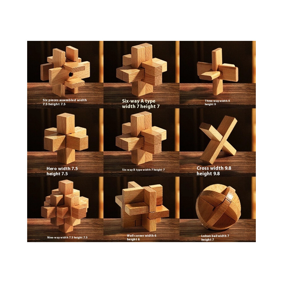 (9pcs-A, 3-6) Large 6-10cm Wooden Burr Puzzles - 6 Level Brain Teasers from Kids to Adults - Premium Beechwood Stocking Filler Desk Decor Gift-image-OPC-PHPCS7C-NEW
