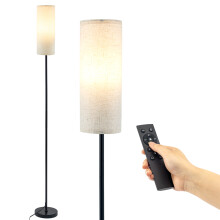 Living Room Floor Lamp with Linen Shade, Remote Control, 9W LED (E27), 3 Color Temperatures (3000K/4000K/5000K), Black Finish