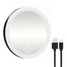 (Musta-10X) 10/20/30X suurentava peili 3-värisellä LED-valolla, imukupilla, himmennettävä, USB-ladattava, kannettava, matkakäyttöön tarkoite