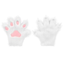 (L, White) Furry Fur Cat Wolf Fox Claws Golves Cosplay Costume Glove For Adult