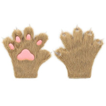 (S, Light brown) Furry Fur Cat Wolf Fox Claws Golves Cosplay Costume Glove For Adult