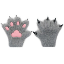 (S, Gray) Furry Fur Cat Wolf Fox Claws Golves Cosplay Costume Glove For Adult