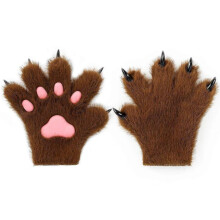 (L, Brown) Furry Fur Cat Wolf Fox Claws Golves Cosplay Costume Glove For Adult