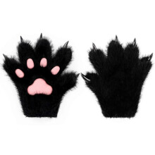 (L, Black) Furry Fur Cat Wolf Fox Claws Golves Cosplay Costume Glove For Adult