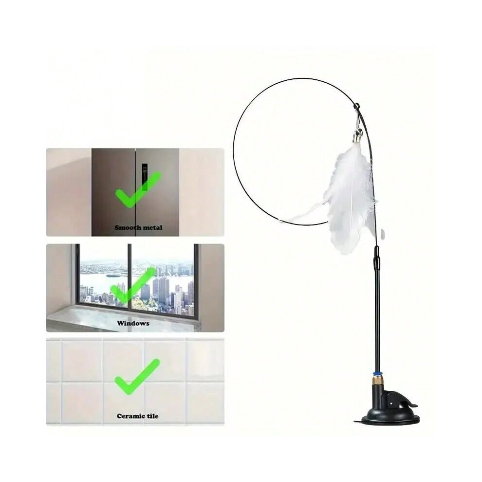 (White Enhanced) Cat Teaser Toy - Interactive Bell & Feather Wand - Long Suction Cup Pole for Exciting Playtime Adventures - Ultimate Cat Toy