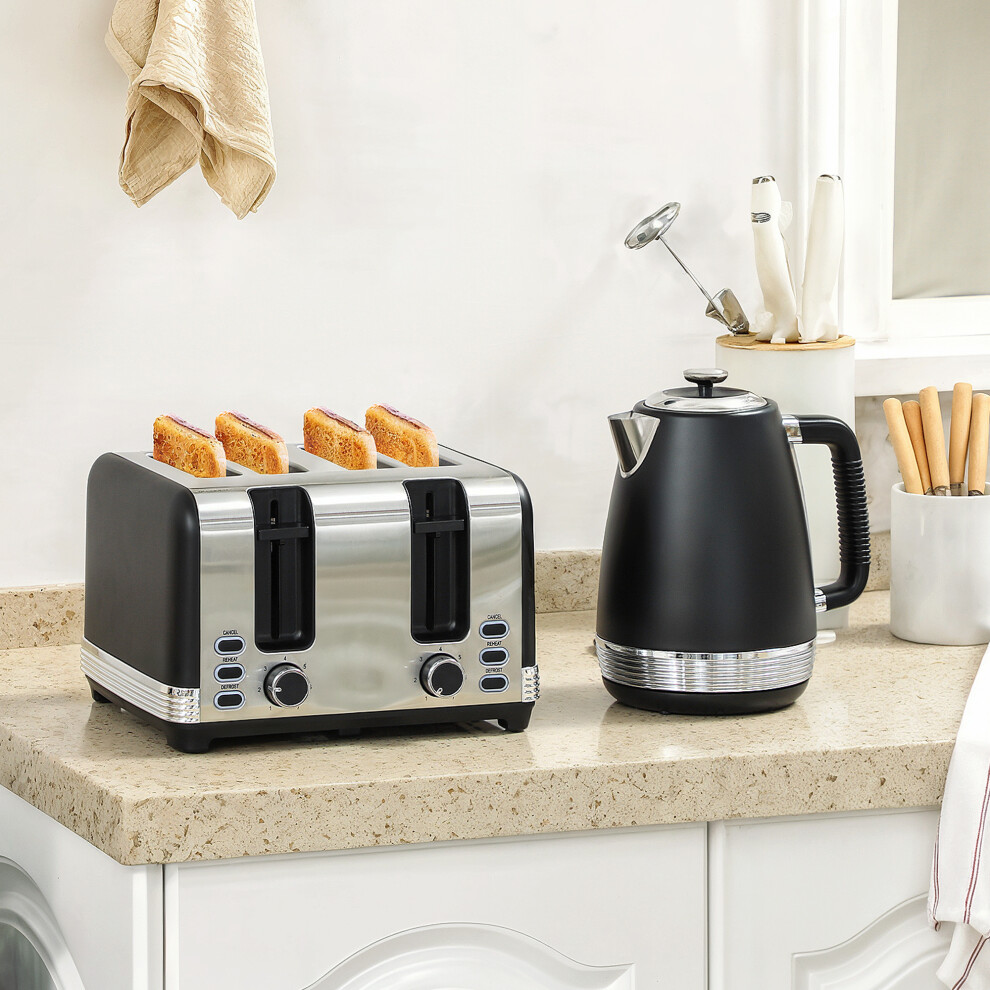 Homcom Black 3000W Quick Boil Kettle And 4 Slice Toaster Set Crumb Tray 1.7L