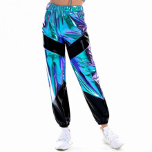 (S, Blue) Bright skiny pants women blemish multi-color stitching pocket women pants