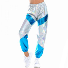 (S, Silver) Bright skiny pants women blemish multi-color stitching pocket women pants