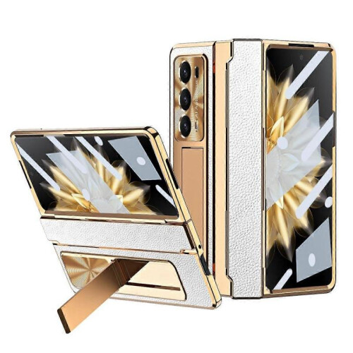 for Huawei Honor Magic V2 Hinged Case with Kickstand,Luxury Leather Full Protective Case (White)