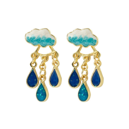 (Deep blue, One size) Water Drop Earrings Cute Cloud Rain Earring Personality Temperament Earring