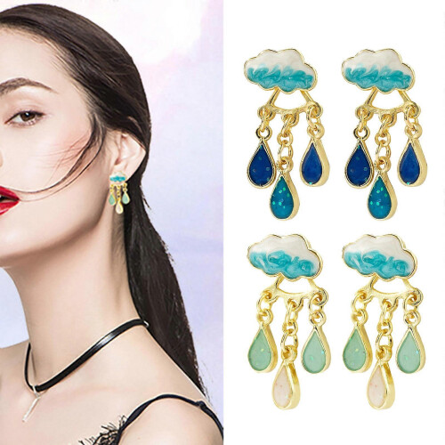 (Deep blue, One size) Water Drop Earrings Cute Cloud Rain Earring Personality Temperament Earring 2