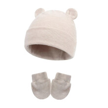 (Beige, One size) Cute Baby Hats and Mittens Set Beanie Cap with Ear Newborn Hospital Hat No Scratch Mitten for 0-6 Months Boys and Girls