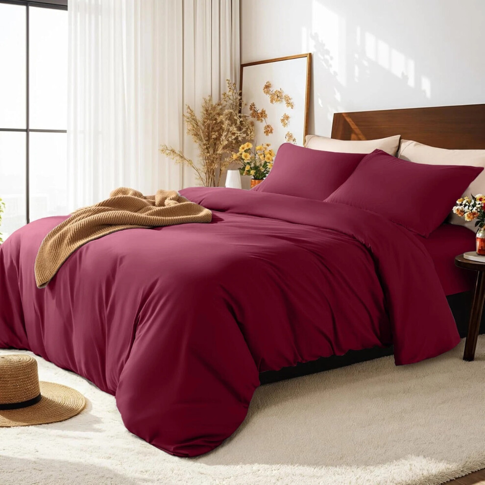 Imperial Rooms (Double Plain Duvet Cover Set Fitted Sheet 4Pcs Bedding Set) Red Christmas Duvet Cover Set Single Double King