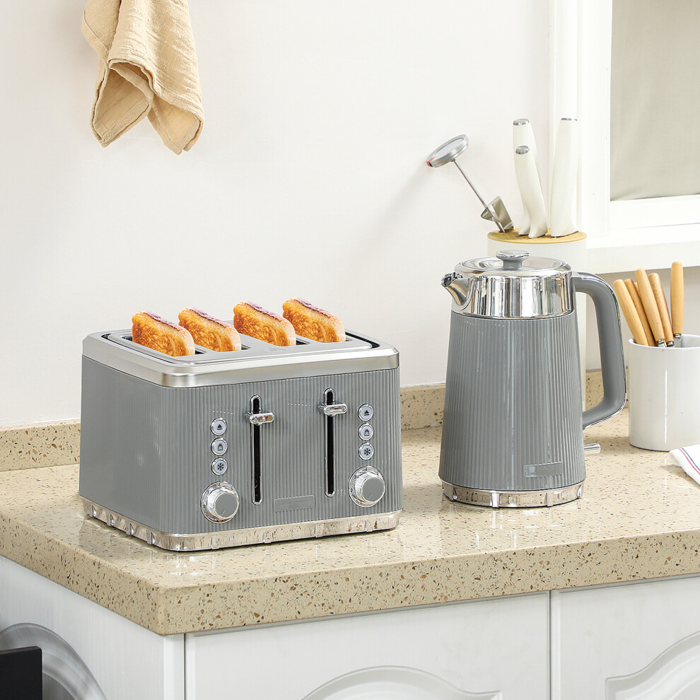 (Grey) HOMCOM 1.7L 3000W Rapid Boil Kettle and 4 Slice Toaster Set Crumb Tray