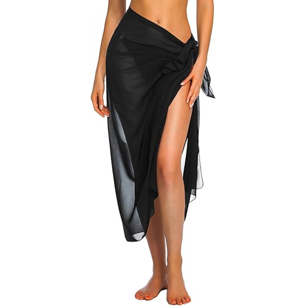(Noir-Long) Paréo court et long pour femme, cache-maillot de bain, jupe courte transparente, foulard pour la plage, pour l'été