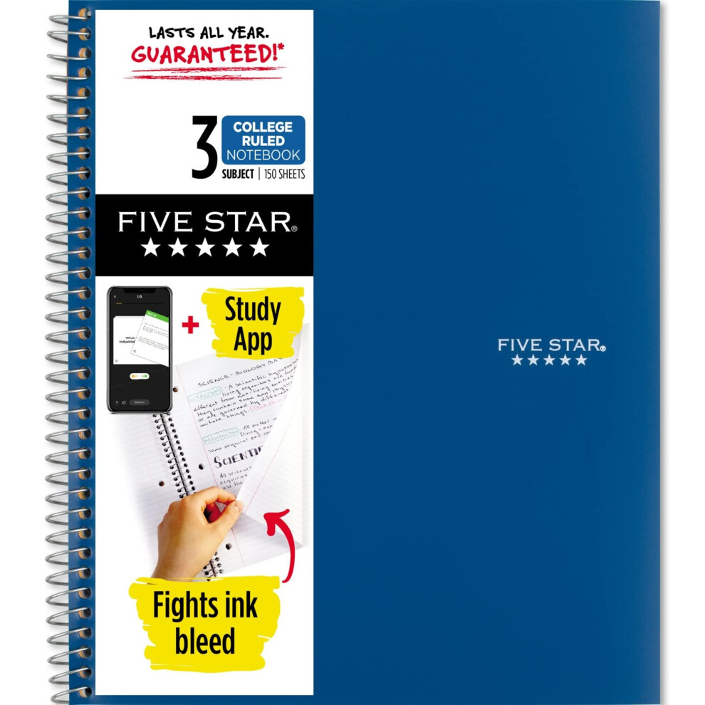 Five Star Spiral Notebook + Study App  3 Subject  College Ruled Paper  Fights Ink Bleed  Water Resistant Cover  8-1/2"" x 11""  150 Sheets-image-OPC-PFNDRYT-NEW