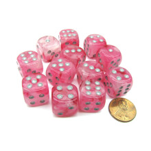 Chessex Ghostly Glow 16 mm D6 dobbelsteenblok (12 dobbelstenen) - roze met zilveren cijfers