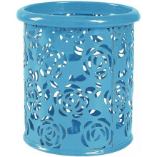 Multicolor Hollow Rose Flower Pattern Pen Pencil Pot Holder Container Storage Box(blue)