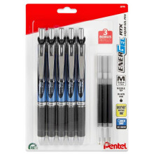 Pentel Energel 0,5 mm neulak  rkikyn  t - Energel RTX -nestem  inen geelikyn  setti - 5 mustan kyn  n pakkaus ja 3 t  ytt  pakkausta