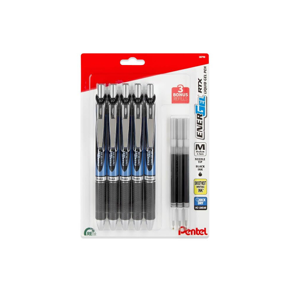 Pentel Energel 0.5 Mm Needle Tip Pens - Energel Rtx Retractable Liquid Gel Pen Set - Pack Of 5 Black Pens With 3 Refills