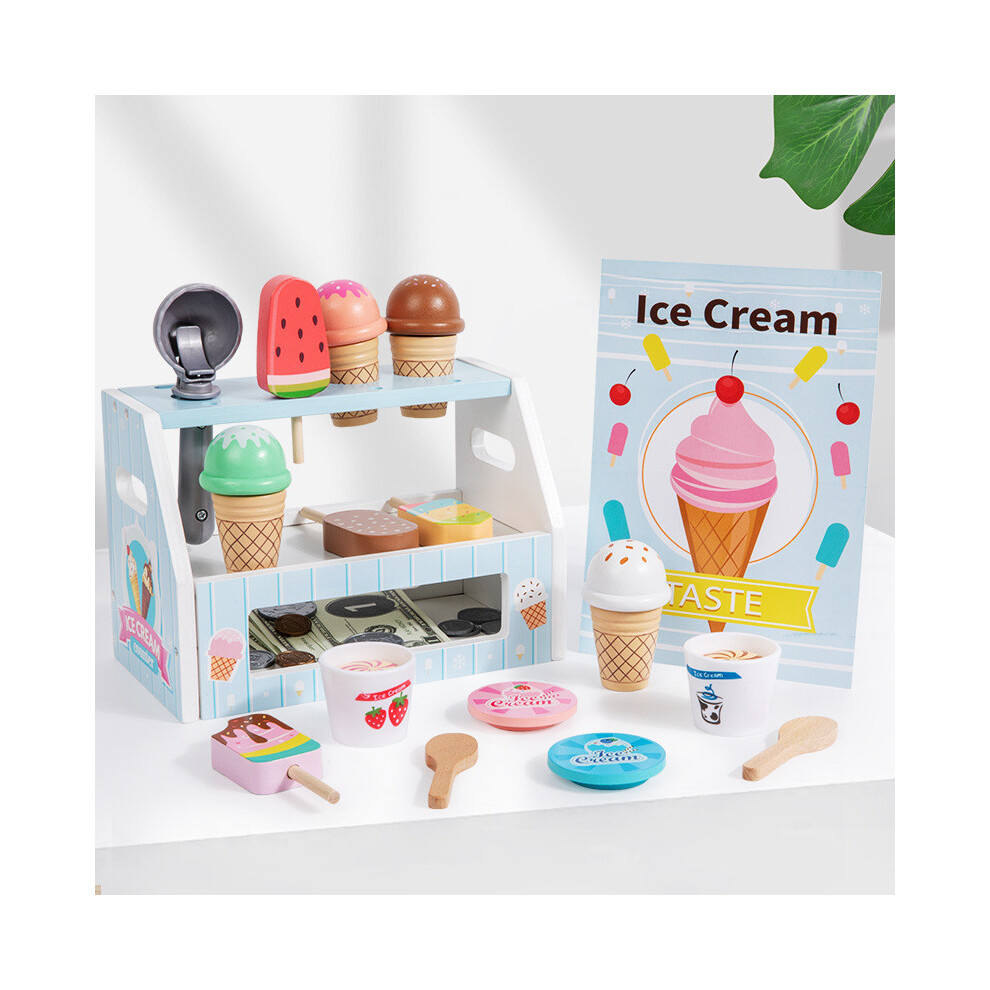 () Ice Wooden Shop Cashier Children Toys Set For Kids Role Pretend Play Blue/Cream