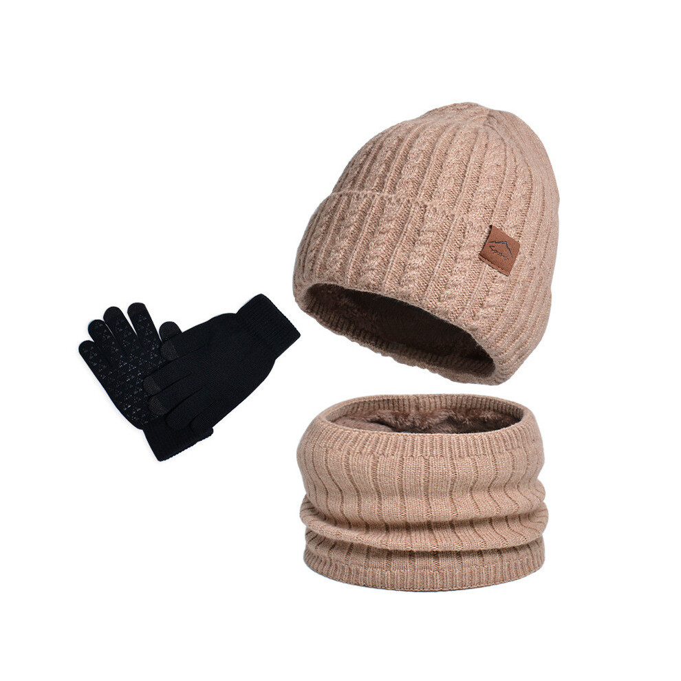 (Khaki Three) Warm Knitted Winter Hat Gloves And Scarf Set For Outdoor Activities Winter