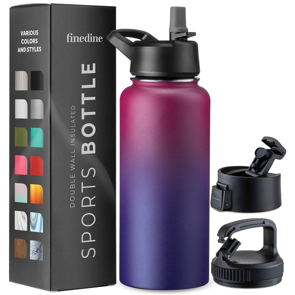 Finedine Dreiwandige Isolierte Wasserflaschen Mit Strohhalm - 32 Oz Edelstahl-Metallflasche Mit 3 Auslaufsicheren Deckeln - F R Reisen, Schule, S-image