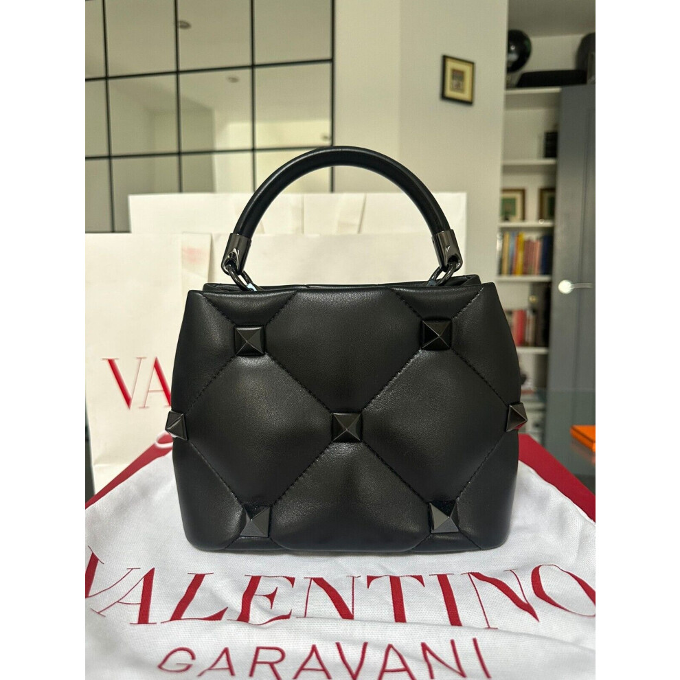 Valentino Roman Stud Top Handle Black Calf Leather Mini Handbags Brand