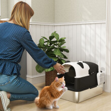 PawHut XL Stainless Steel Litter Box Tray with Lid, Panda Style
