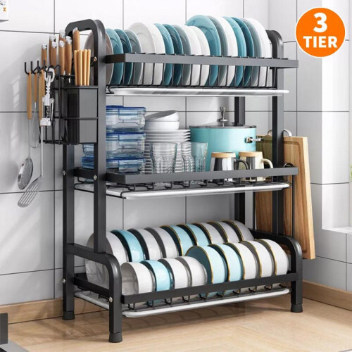 (Default) 3 Tier Dish Drainer Rack with Drip Tray Cutlery Holder Plate Rack Kitchen Sink Organiser Utensil