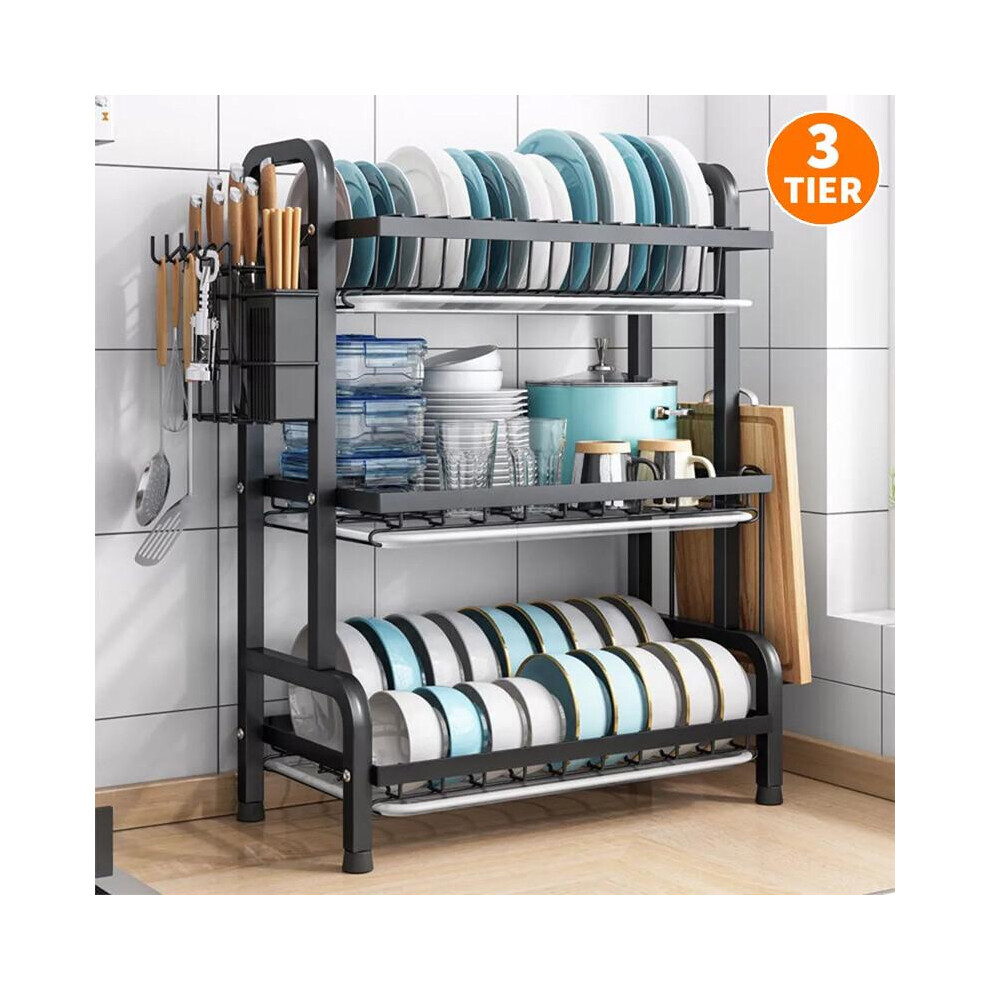 (Default) 3 Tier Dish Drainer Rack with Drip Tray Cutlery Holder Plate Rack Kitchen Sink Organiser Utensil