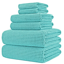 POLYTE Oversize 60 x 30 inch Sneldrogende, pluisvrije microvezelbadhanddoekenset 6-delig (Agua Waffle Weave)