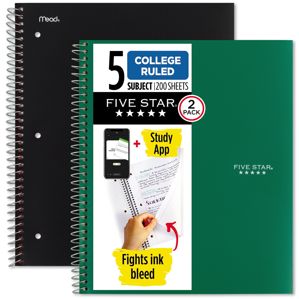 Five Star Spiral Notebooks + Study App  2 Pack  5 Subject  College Ruled Paper  8-1/2"" x 11""  200 Sheets  Fights Ink Bleed  Water Resistan-image-OPC-PFNDS9Y-NEW
