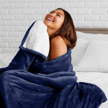 (Super King Sherpa, Navy Blue) 480GSM Thick Reversible Weighted Fleece Blanket Throw