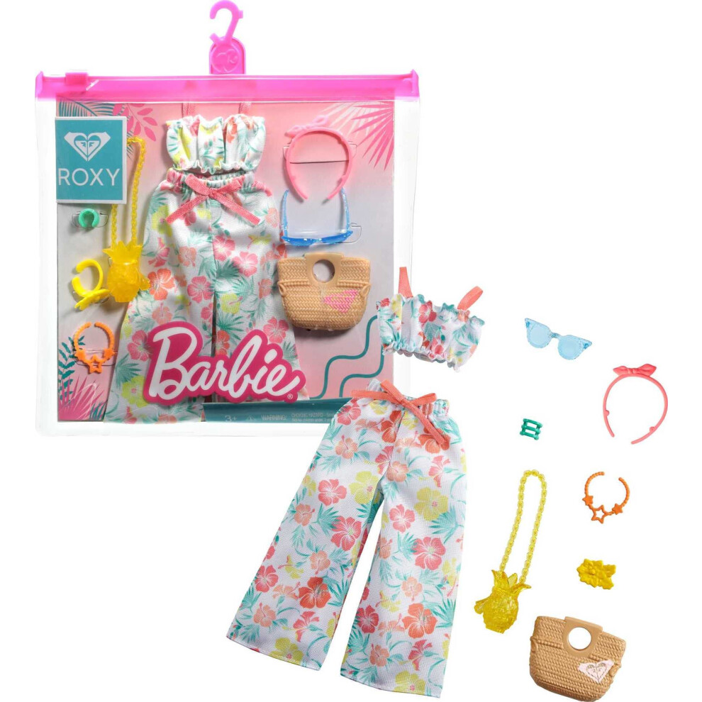 Barbie Storytelling Fashion Pack Of Doll Clothes Inspired By Roxy: Matching Floral Top & Pants With 7 Accessories Dolls Including Pineapple Purse, Gif