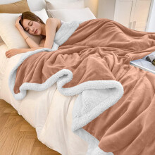 (Beige Camel, Super King: 230 X 270 CM) Sherpa Fleece Blanket Bed Mink Sofa Throw 2 Layer Reversible Travel Blanket