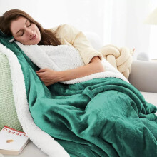 (Single Sherpa, Green/Emerald) 480GSM Thick Reversible Weighted Fleece Blanket Throw