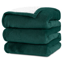 (Double Sherpa, Green/Emerald) 480GSM Thick Reversible Weighted Fleece Blanket Throw