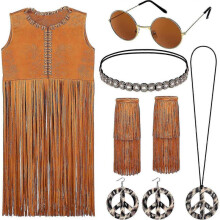 9 Pieces Women Hippy Costumes Set 60s 70s Women Fringe Hippie Vest Earring Necklace Headband Tassel Legs Set